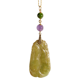 Necklace 14K Gold Jade and Amethyst