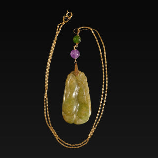 Necklace 14K Gold Jade and Amethyst
